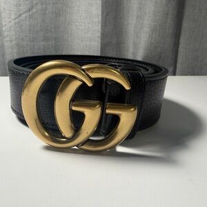Gucci GG Marmot Black Leather Belt Gold Brass buckle w/orig reciept size 110cm